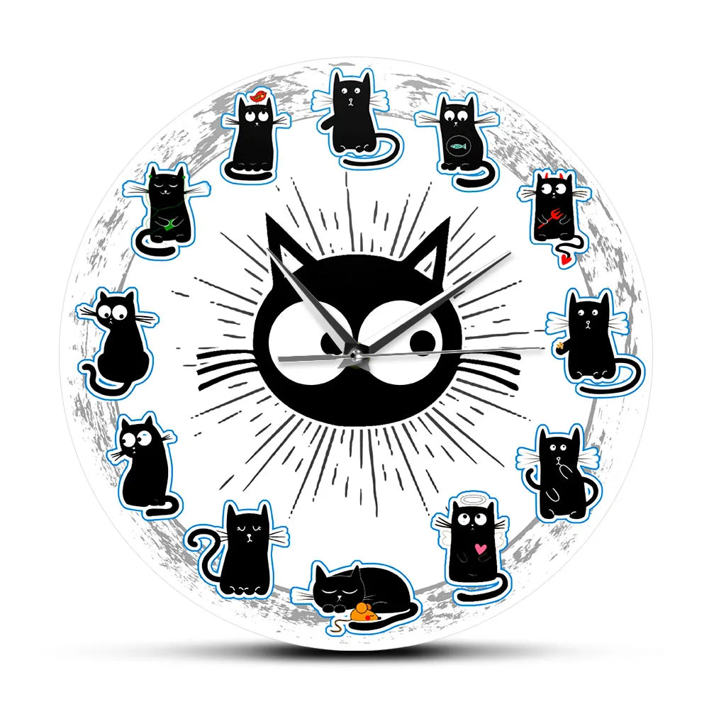 Black Cats Joy Style Wall Clock Kittens Wall Art Silent Clock Cartoon Cats Kid Room Nursery Decorative Wall Clock Cat Lover Gift