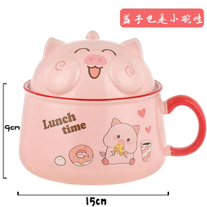 1020ml Pig Instant Noodles Bowl with Cover Large Capacity Cup Student Dormitory Cute Girl Cup with Handle Coffee Travel Mug