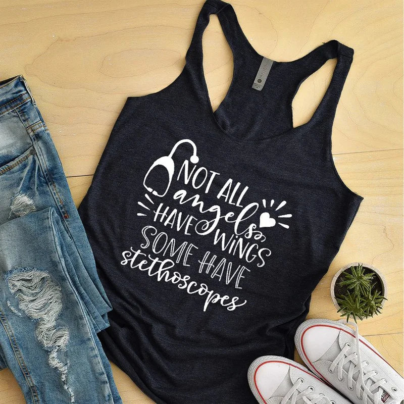 Not All Angels Have Wings Some Have Stethoscopes Tank Tops Women Black Graphic Funny Tanks Casual Summer Vest Shirt Nursing Gift