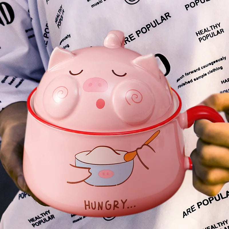 1020ml Pig Instant Noodles Bowl with Cover Large Capacity Cup Student Dormitory Cute Girl Cup with Handle Coffee Travel Mug