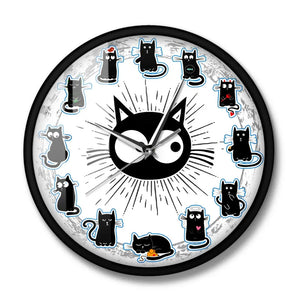 Black Cats Joy Style Wall Clock Kittens Wall Art Silent Clock Cartoon Cats Kid Room Nursery Decorative Wall Clock Cat Lover Gift