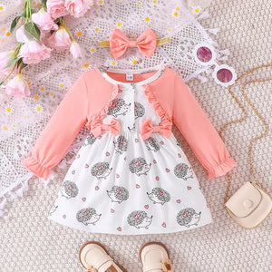 Kids Casual Dress for Baby Girls Clothes 2023 Autumnn New Infant Cute Cartoon Print Ruffle Long Sleeve Dress with Headwear 0-24M