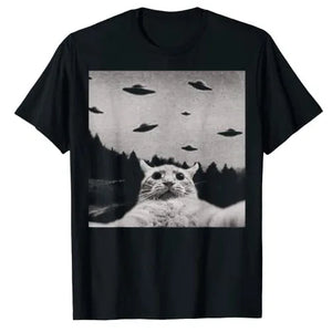 Alien UFO Funny Cat T-Shirt Streetwear Aesthetic Clothes Y2k Tops Anime Cartoon Short Sleeve Blouses Men Outfits Graphic Tees