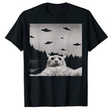 Alien UFO Funny Cat T-Shirt Streetwear Aesthetic Clothes Y2k Tops Anime Cartoon Short Sleeve Blouses Men Outfits Graphic Tees