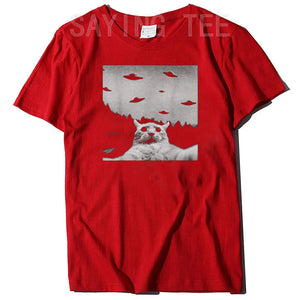 Alien UFO Funny Cat T-Shirt Streetwear Aesthetic Clothes Y2k Tops Anime Cartoon Short Sleeve Blouses Men Outfits Graphic Tees