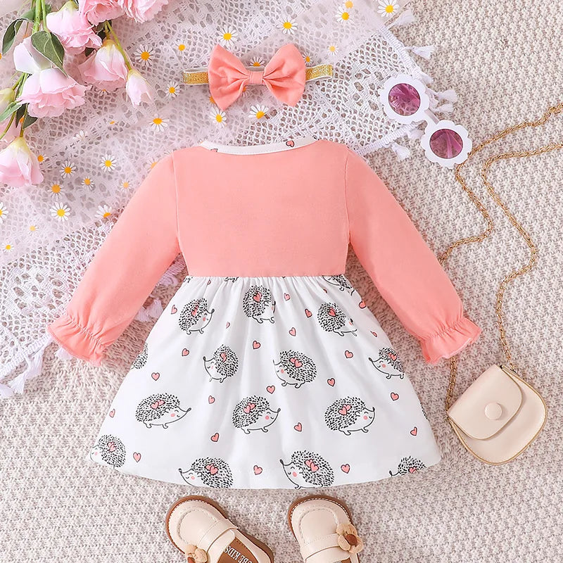 Kids Casual Dress for Baby Girls Clothes 2023 Autumnn New Infant Cute Cartoon Print Ruffle Long Sleeve Dress with Headwear 0-24M