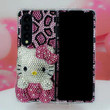 Handmade Custom Phone Case with Rhinestone, Suitable for Samsung Folding Zflip3 4, Rose Red Leopard-Print Hello Kitty