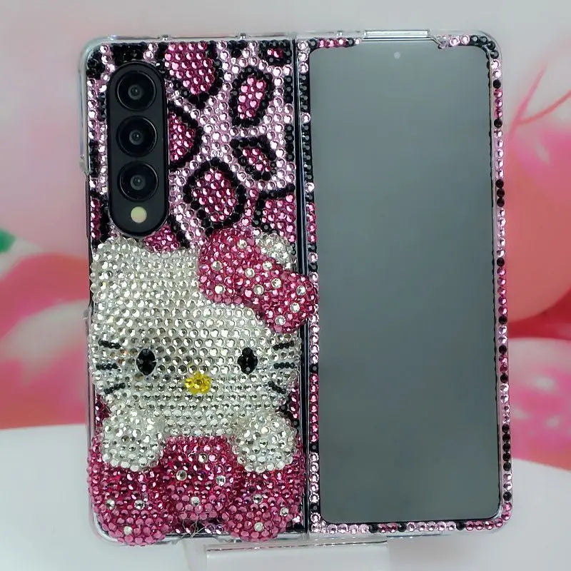 Handmade Custom Phone Case with Rhinestone, Suitable for Samsung Folding Zflip3 4, Rose Red Leopard-Print Hello Kitty