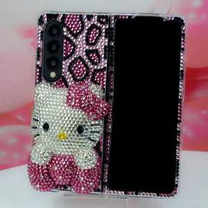 Handmade Custom Phone Case with Rhinestone, Suitable for Samsung Folding Zflip3 4, Rose Red Leopard-Print Hello Kitty