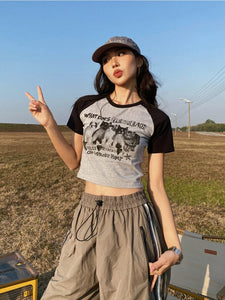 Women T-Shirt Y2k Crop Tops Tees Cat Print Slim Graphic Summer Korean Fashion Harajuku Streetwear Short Sleeve Aesthetic Clothes