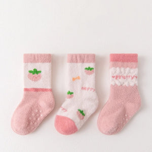 3pairs/lot 0-3Years Winter Toddler Baby Socks For Boys Girls Floor Children's Socks Anti Slip Print Coral Fleece Kids Home Sock