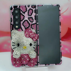 Handmade Custom Phone Case with Rhinestone, Suitable for Samsung Folding Zflip3 4, Rose Red Leopard-Print Hello Kitty