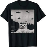 Alien UFO Funny Cat T-Shirt Streetwear Aesthetic Clothes Y2k Tops Anime Cartoon Short Sleeve Blouses Men Outfits Graphic Tees