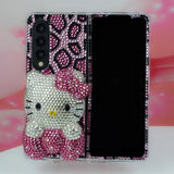 Handmade Custom Phone Case with Rhinestone, Suitable for Samsung Folding Zflip3 4, Rose Red Leopard-Print Hello Kitty