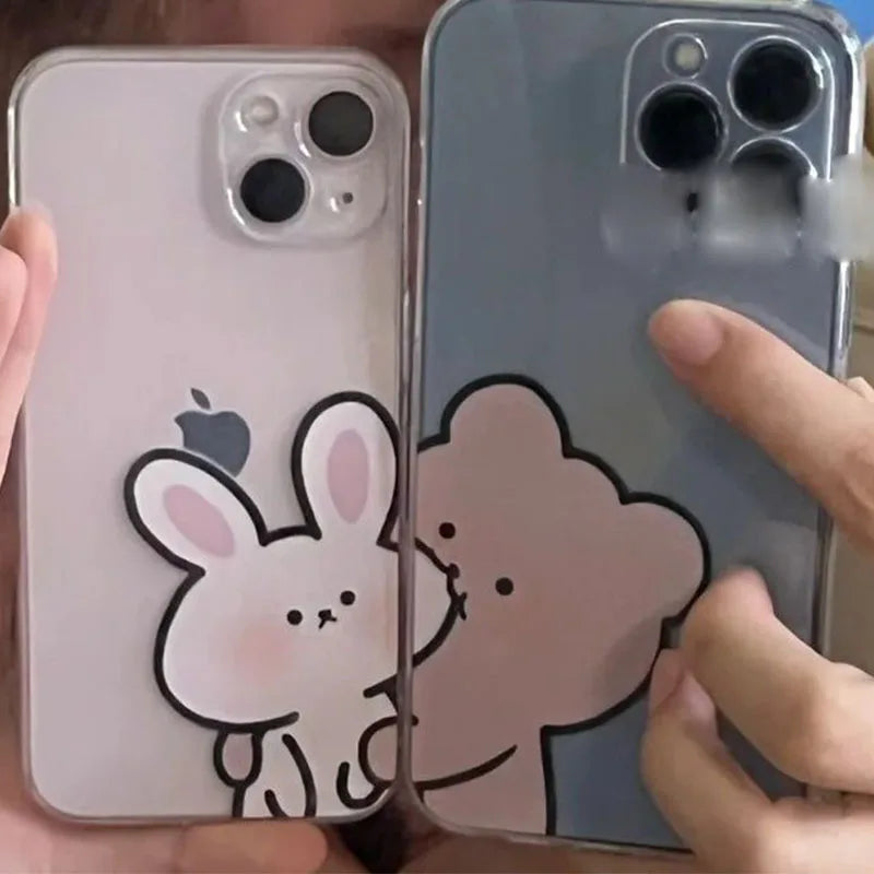 Cartoon Cute Bear Rabbit Phone Cases for IPhone 11 12 13 14 Pro Max for IPhone XR XS Korean Vintage Phone Case Lover's