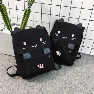 Canvas backpack for women, cute cat embroidered iPad backpack, multifunctional leisure girl travel phone bag